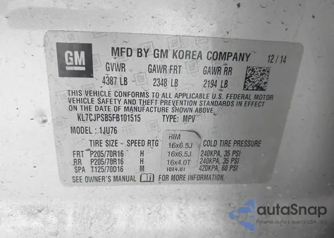 2015 Chevrolet Trax 1Ls из США, поврежденный, VIN KL7CJPSB5FB101515